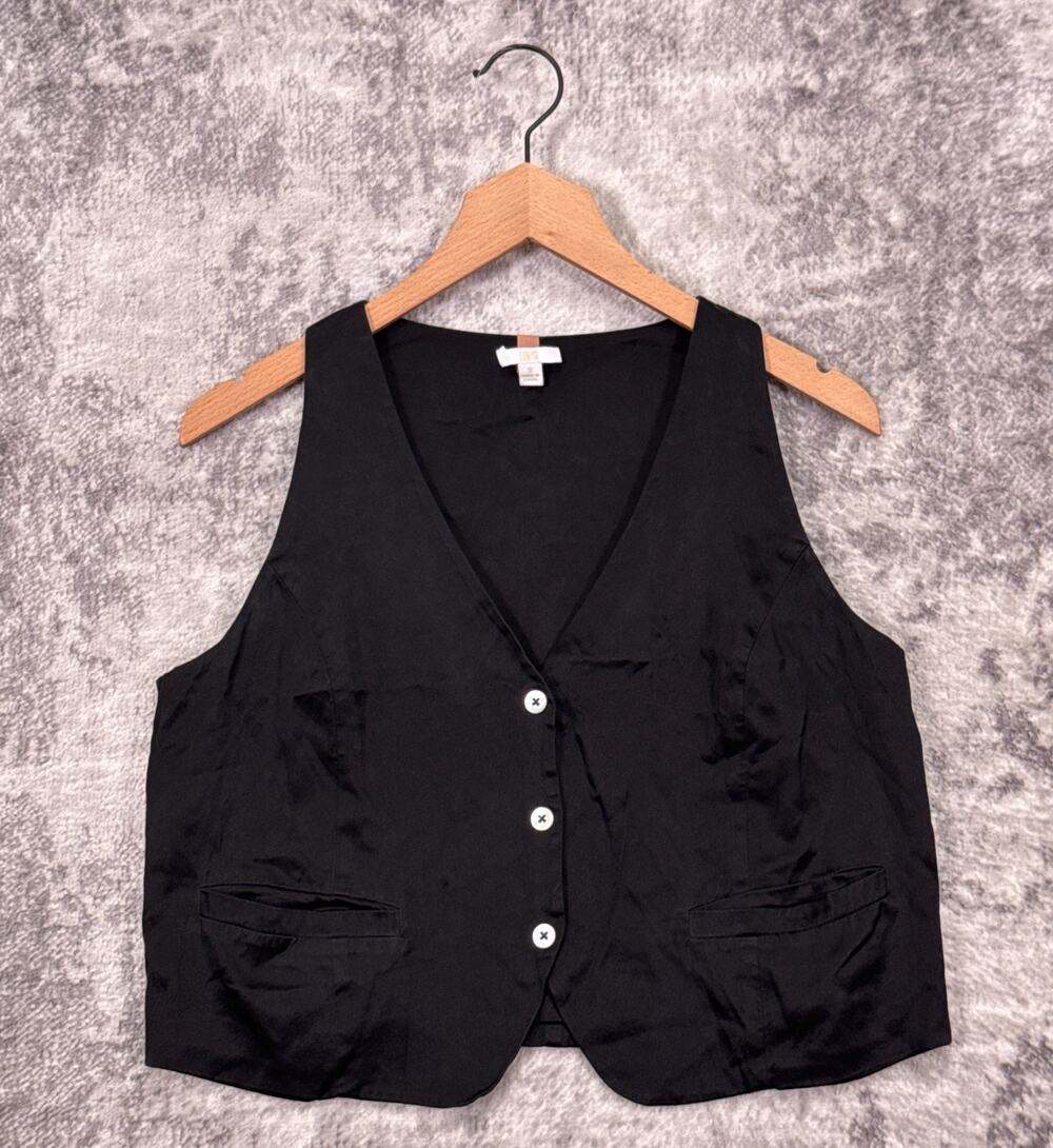 Lunya Top Small Womens Washable Silk Button Front Vest In Immersed Black